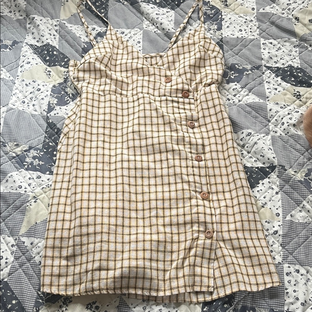Beige Plaid Button-Front Slip Dress